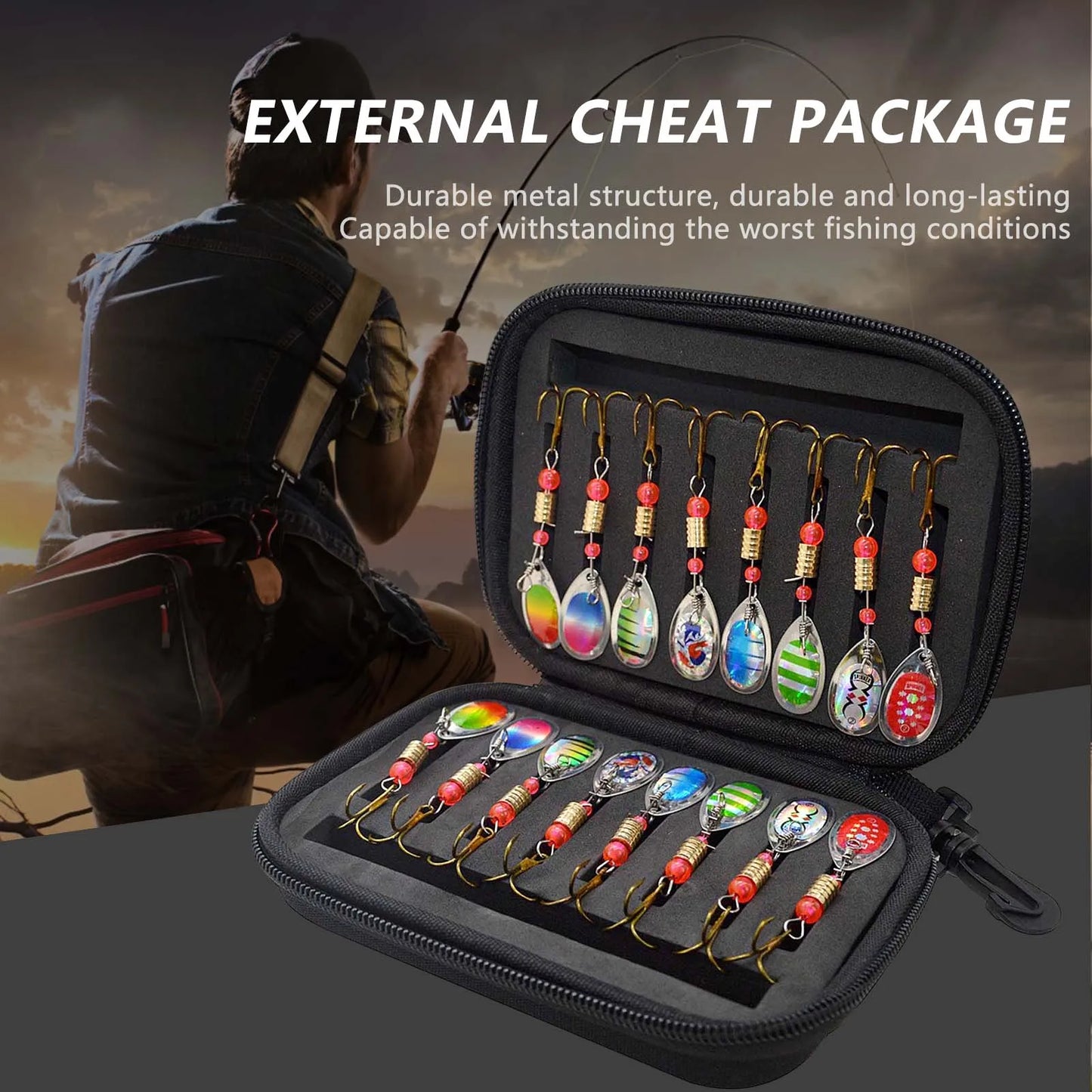 16Pcs Spinner Lure Fishing Set with Hand Crank for Pike Walleye Trout Bass Salmon Continuous Flickering Vibration Effect